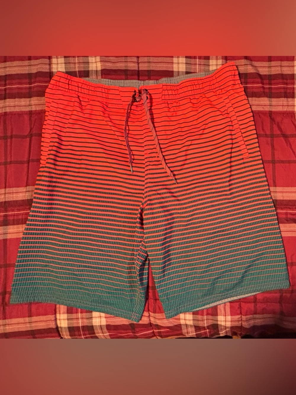 Nike Men's Orange and Teal Gradient Stripe Swim Trunks